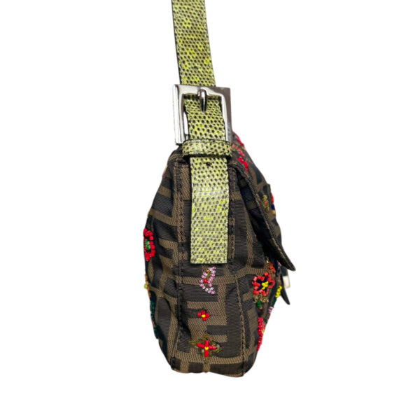 Fendi Monogram Floral Beaded Exotic Trim Shoulder Baguette Bag in Brown / Multicolour / Green - Image 3