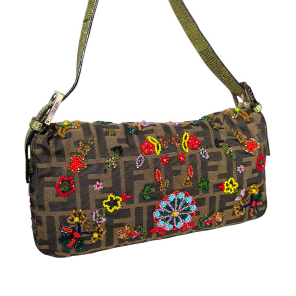 Fendi Monogram Floral Beaded Exotic Trim Shoulder Baguette Bag in Brown / Multicolour / Green - Image 4