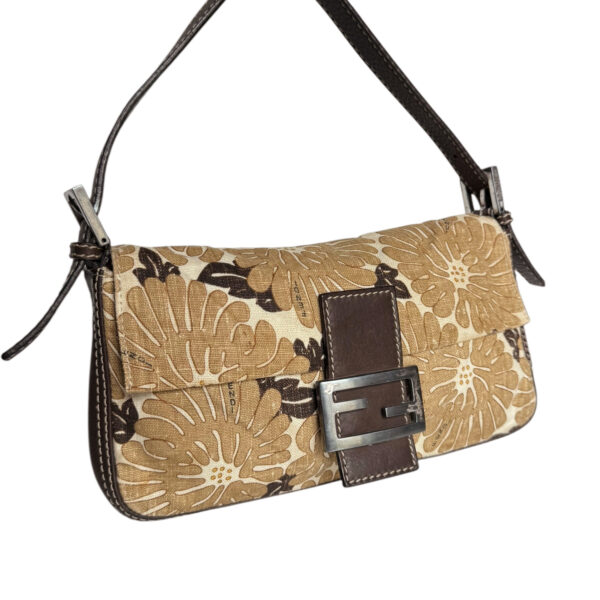 Fendi Floral Canvas Shoulder Baguette Bag in Beige / Brown - Image 2
