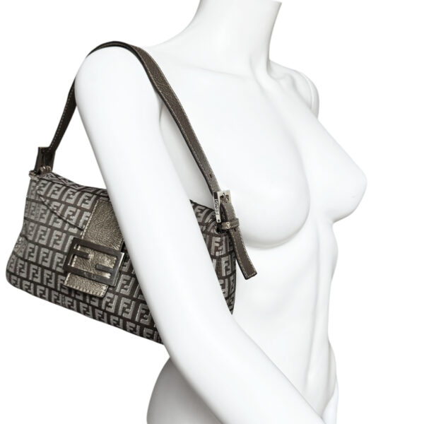 Fendi Monogram Shoulder Baguette Bag in Taupe / Metallic Silver - Image 9