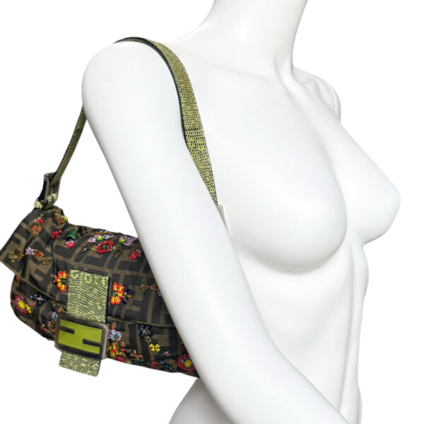 Fendi Monogram Floral Beaded Exotic Trim Shoulder Baguette Bag in Brown / Multicolour / Green - Image 8