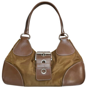 Vintage Prada Nylon Buckle Half Moon Hobo Shoulder Bag in Brown / Silver | NITRYL