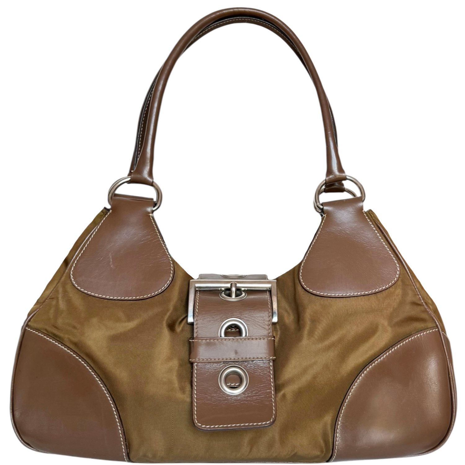 Vintage Prada Nylon Buckle Half Moon Hobo Shoulder Bag in Brown / Silver | NITRYL