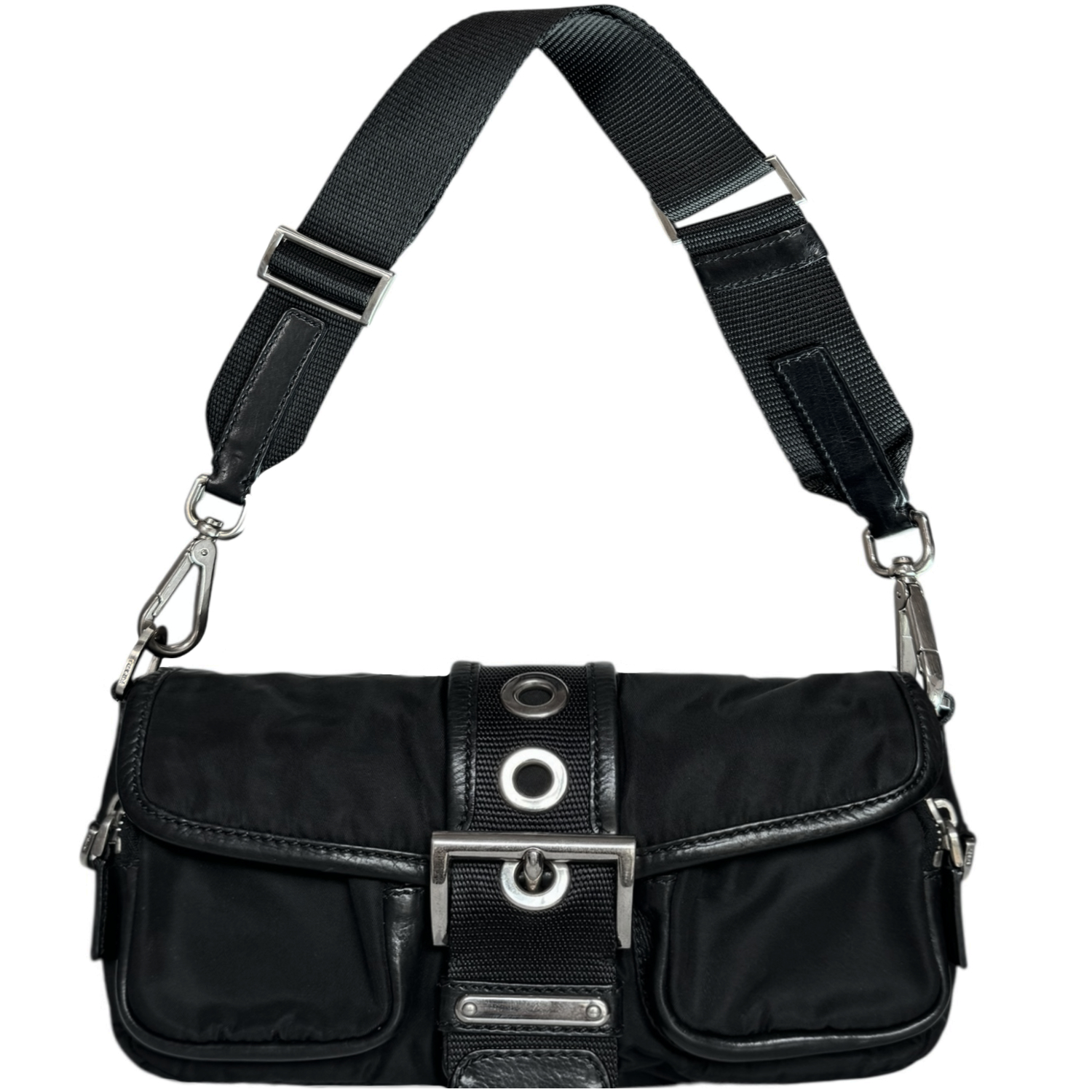 Vintage Prada Nylon Leather Shoulder Bag in Black / Silver | NITRYL