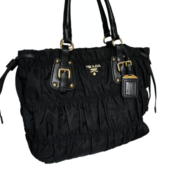 Prada Nylon Ruched Hobo Shoulder Bag in Black / Gold - Image 2
