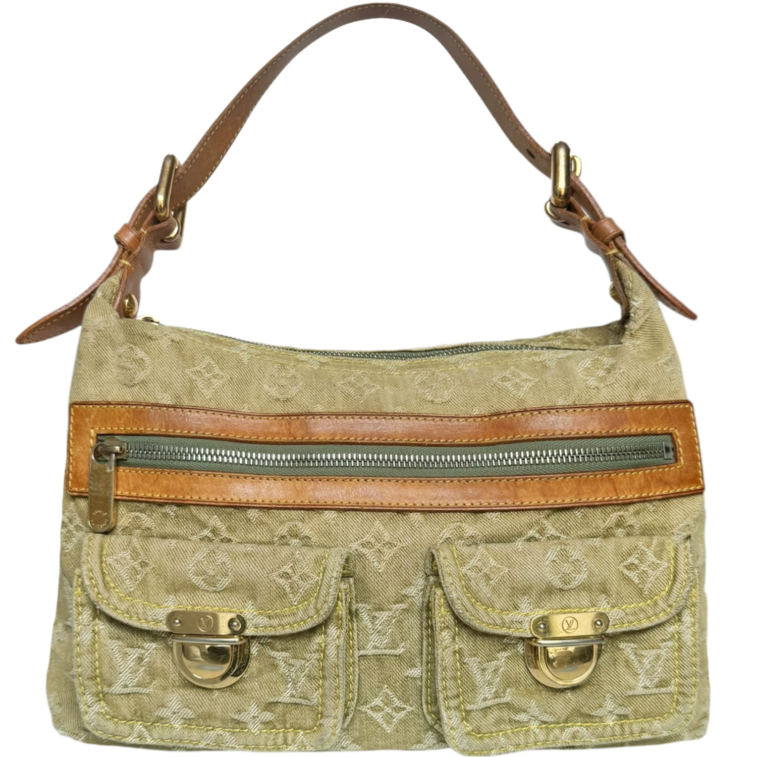 Vintage Louis Vuitton Monogram Denim Baggy Shoulder Bag in Khaki Green | NITRYL