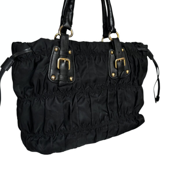 Prada Nylon Ruched Hobo Shoulder Bag in Black / Gold - Image 4