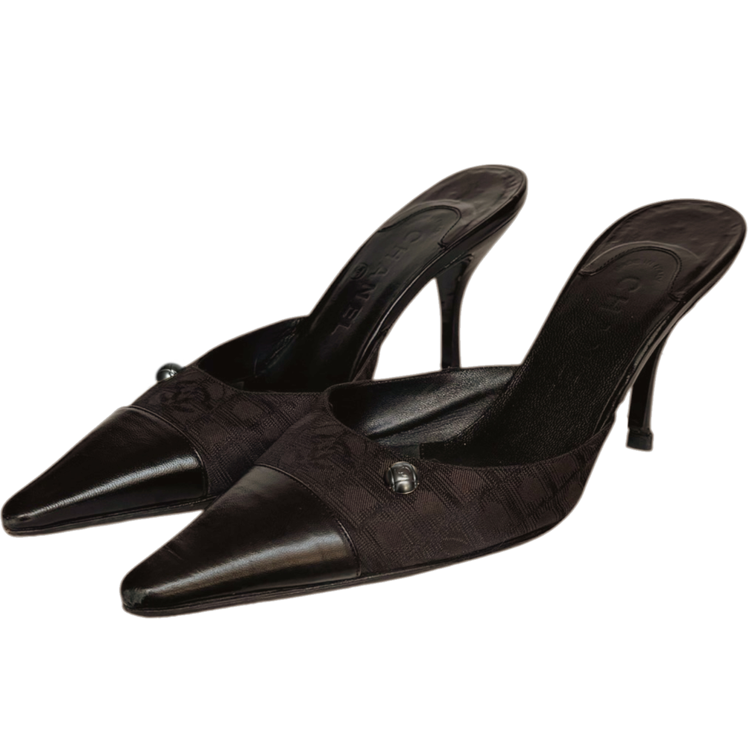 Vintage Chanel Logo Travel Mule Heels in Brown / Silver UK 3.5 | NITRYL