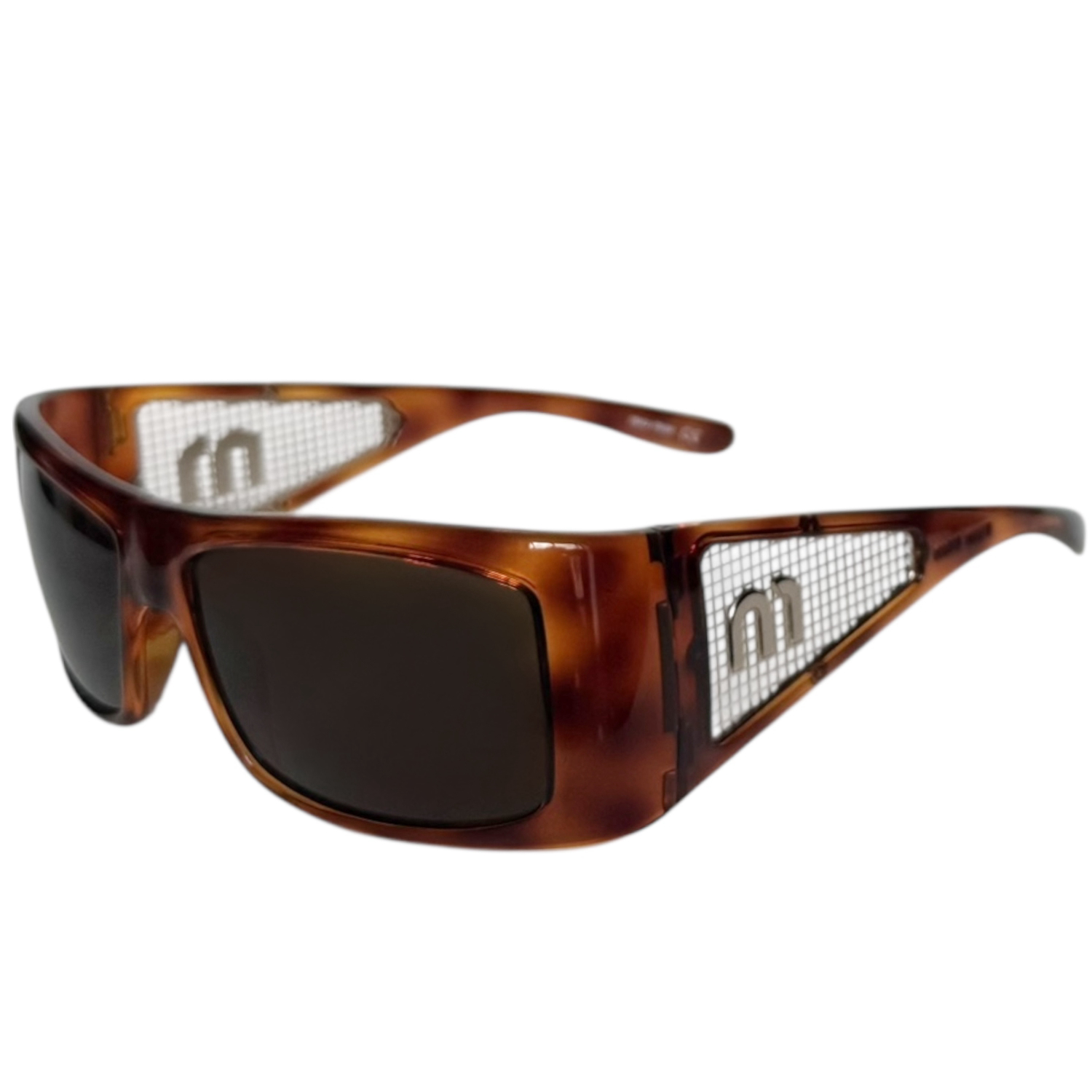 Vintage Miu Miu Logo Cutout Tortoiseshell Wraparound Sunglasses in Brown / Silver | NITRYL