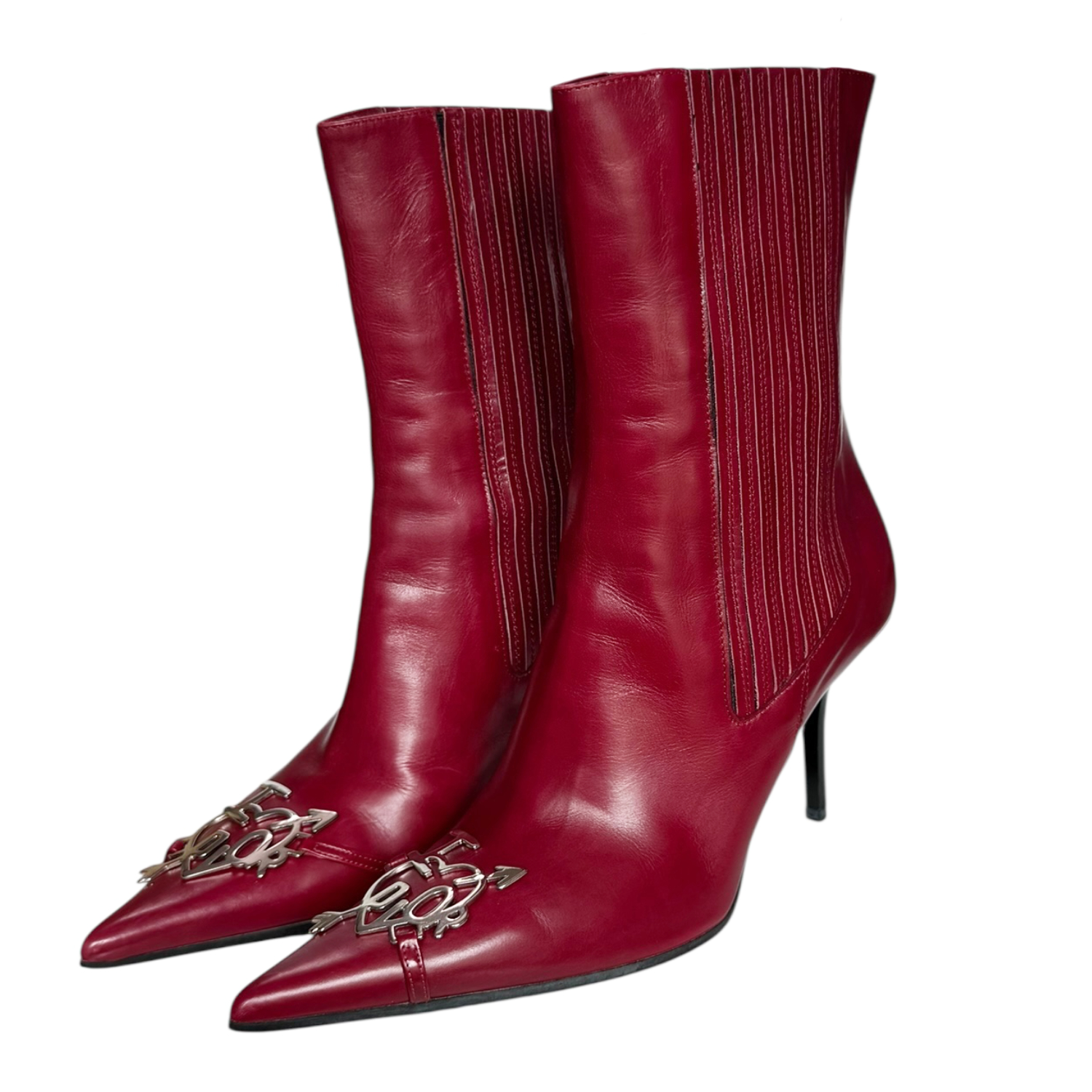 Vintage Dior 'I Love Dior' Leather Heels Boots in Cherry Red / Silver UK 3.5 | NITRYL