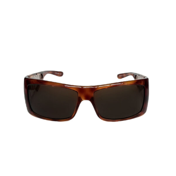 Miu Miu Logo Cutout Tortoiseshell Wraparound Sunglasses in Brown / Silver - Image 2