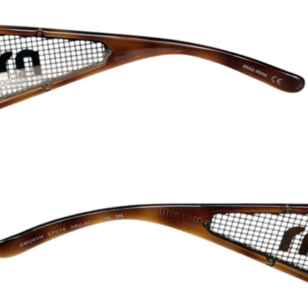 Miu Miu Logo Cutout Tortoiseshell Wraparound Sunglasses in Brown / Silver - Image 3