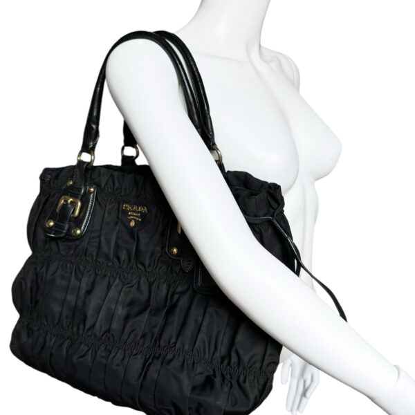 Prada Nylon Ruched Hobo Shoulder Bag in Black / Gold - Image 7