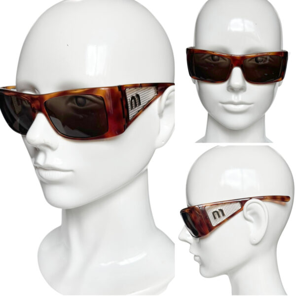 Miu Miu Logo Cutout Tortoiseshell Wraparound Sunglasses in Brown / Silver - Image 4
