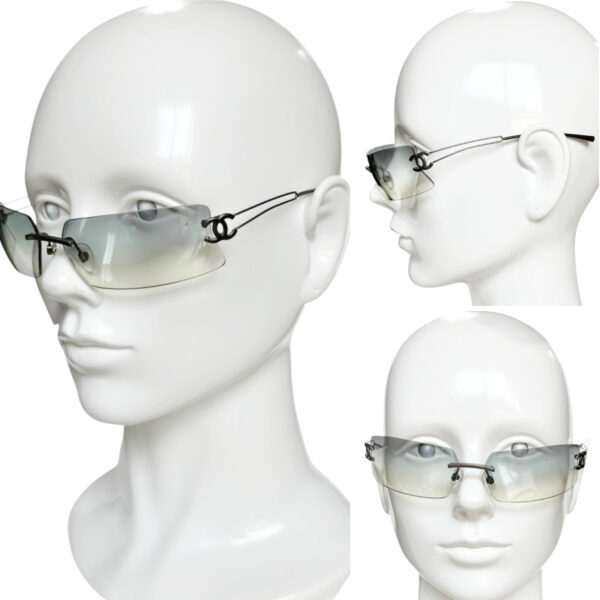 Chanel Logo Rimless Wraparound Sunglasses in Grey - Image 4