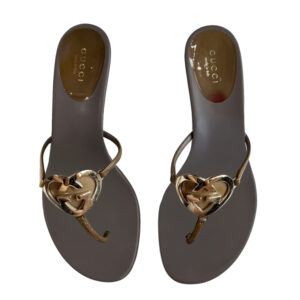Vintage Gucci GG Heart Logo Thong Kitten Heels in Taupe / Gold UK 3 | NITRYL