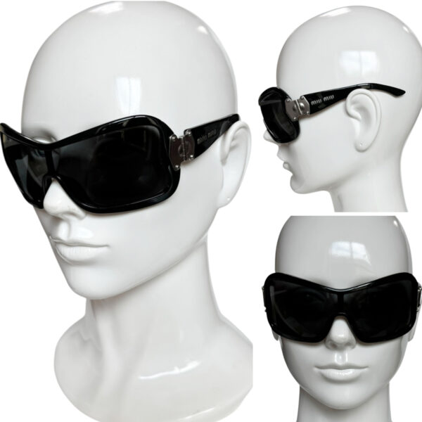 Miu Miu Logo Oversized Shield Sunglasses in Black / Silver - Image 4