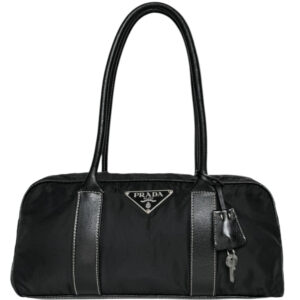 Vintage Prada Nylon Lock Shoulder Bag in Black / Silver | NITRYL