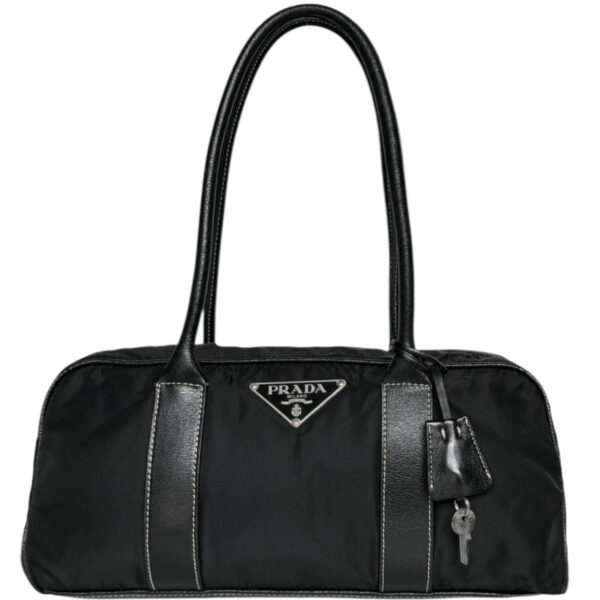 Vintage Prada Nylon Lock Shoulder Bag in Black / Silver | NITRYL