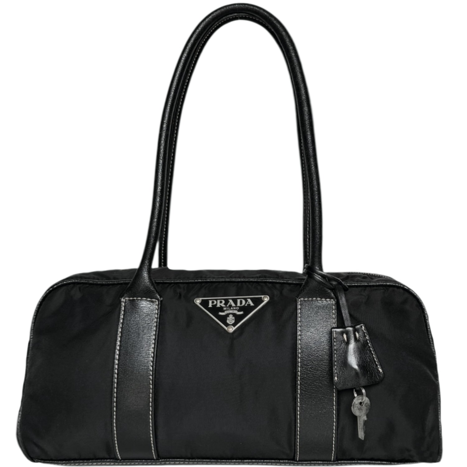 Vintage Prada Nylon Lock Shoulder Bag in Black / Silver | NITRYL