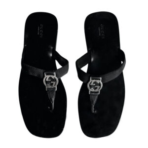 Vintage Gucci Logo Thong Flip Flops in Black / Silver UK 6 | NITRYL