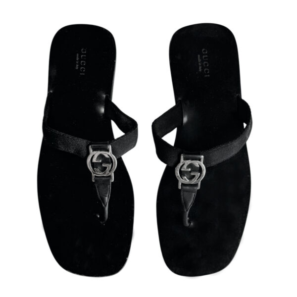 Vintage Gucci Logo Thong Flip Flops in Black / Silver UK 6 | NITRYL