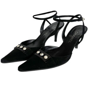 Vintage Chanel Pearl Logo Slingback Strappy Heels in Black / Silver UK 4 | NITRYL