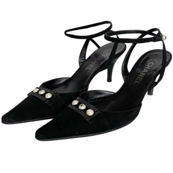 Vintage Chanel Pearl Logo Slingback Strappy Heels in Black / Silver UK 4 | NITRYL