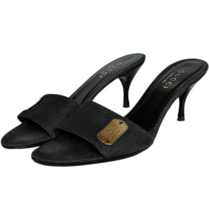 Vintage Gucci Logo Denim Heels in Black / Gold UK 5 | NITRYL