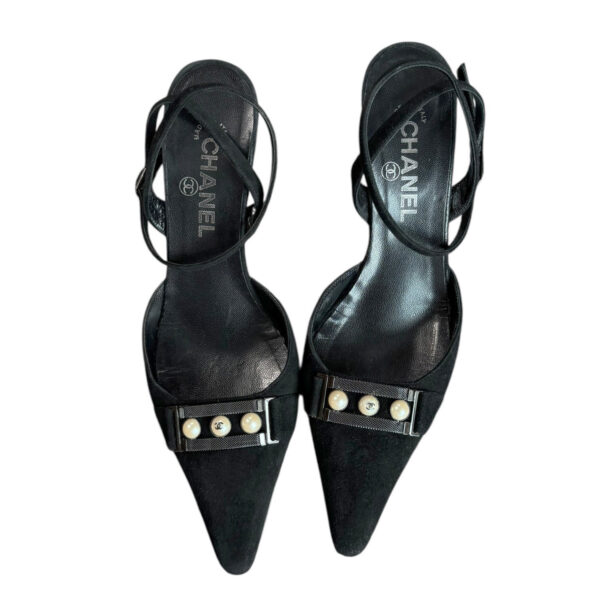Chanel Pearl Logo Slingback Strappy Heels in Black / Silver UK 4 - Image 2