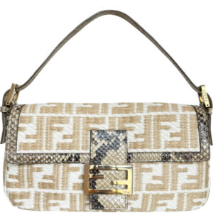 Vintage Fendi Monogram Rafia Exotic Shoulder Baguette Bag in Beige / Cream / Gold | NITRYL