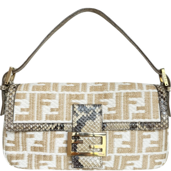 Vintage Fendi Monogram Rafia Exotic Shoulder Baguette Bag in Beige / Cream / Gold | NITRYL