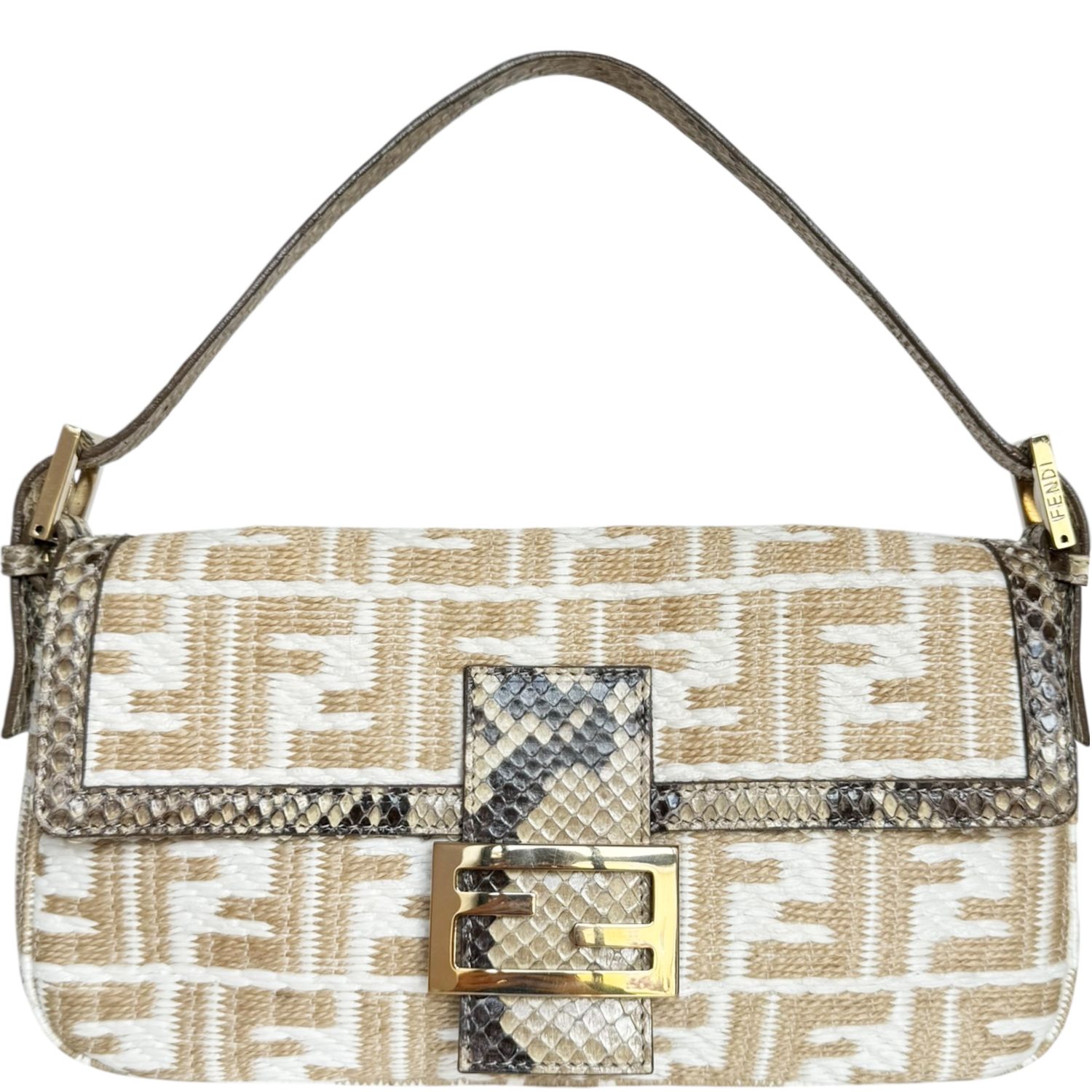 Vintage Fendi Monogram Rafia Exotic Shoulder Baguette Bag in Beige / Cream / Gold | NITRYL