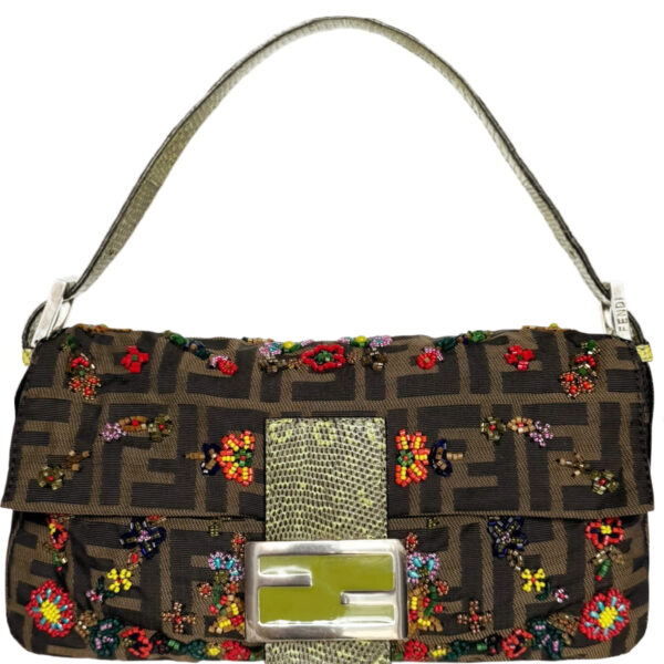 Vintage Fendi Monogram Floral Beaded Exotic Trim Shoulder Baguette Bag in Brown / Multicolour / Green | NITRYL