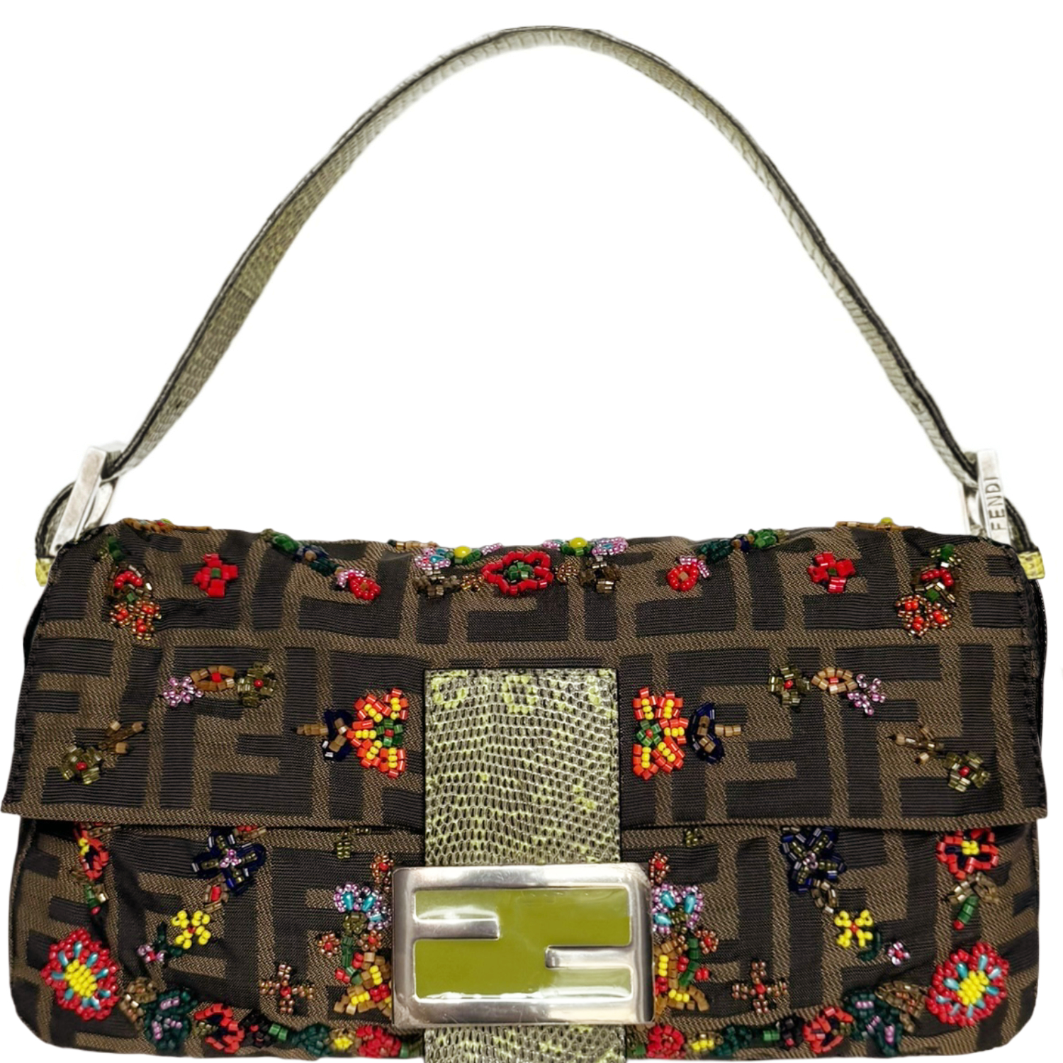 Vintage Fendi Monogram Floral Beaded Exotic Trim Shoulder Baguette Bag in Brown / Multicolour / Green | NITRYL