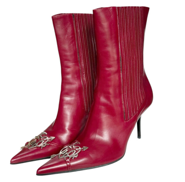 Vintage Dior 'I Love Dior' Leather Heels Boots in Cherry Red / Silver UK 3.5 | NITRYL