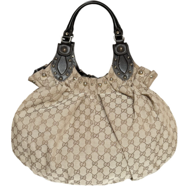 Vintage Gucci Monogram Studded Pelham Hobo Shoulder Bag in Beige / Brown / Gold | NITRYL