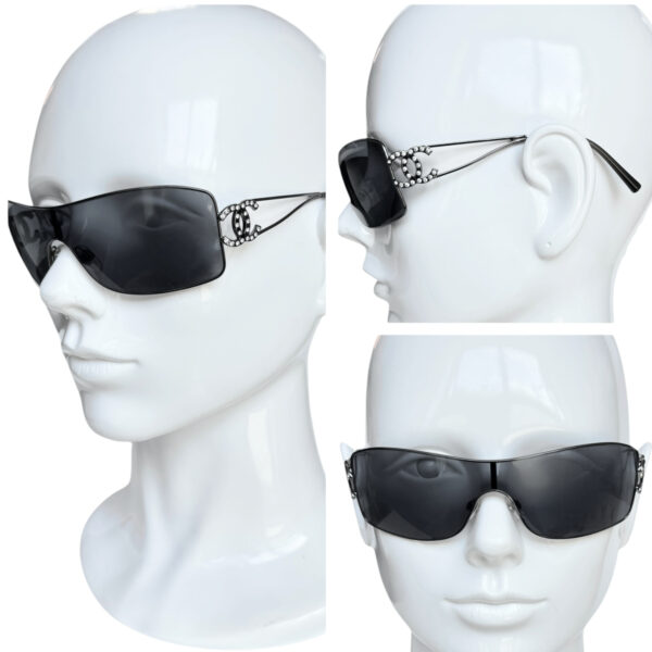 Chanel Diamante Logo Wraparound Sunglasses in Black - Blue / Gunmetal - Image 4