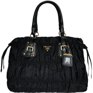 Vintage Prada Nylon Ruched Hobo Shoulder Bag in Black / Gold | NITRYL