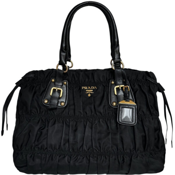 Vintage Prada Nylon Ruched Hobo Shoulder Bag in Black / Gold | NITRYL