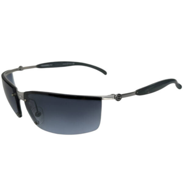 Vintage Chanel Logo Rimless Wraparound Sunglasses in Blue / Silver | NITRYL
