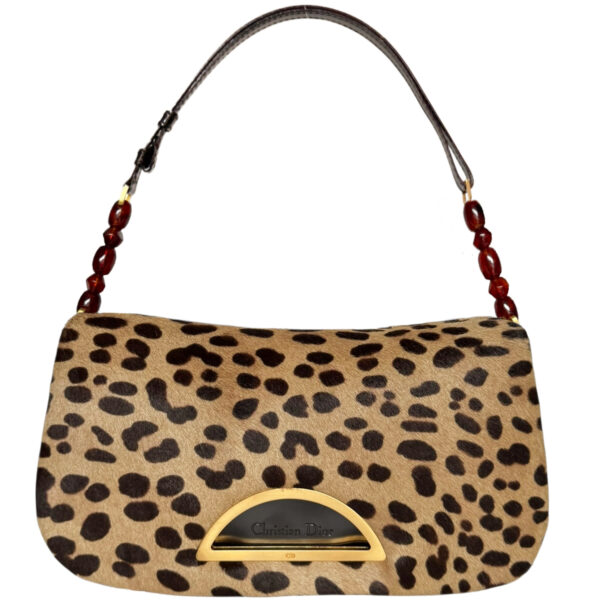 Vintage Dior Leopard Print Calfskin Malice Shoulder Bag in Beige / Brown / Gold | NITRYL