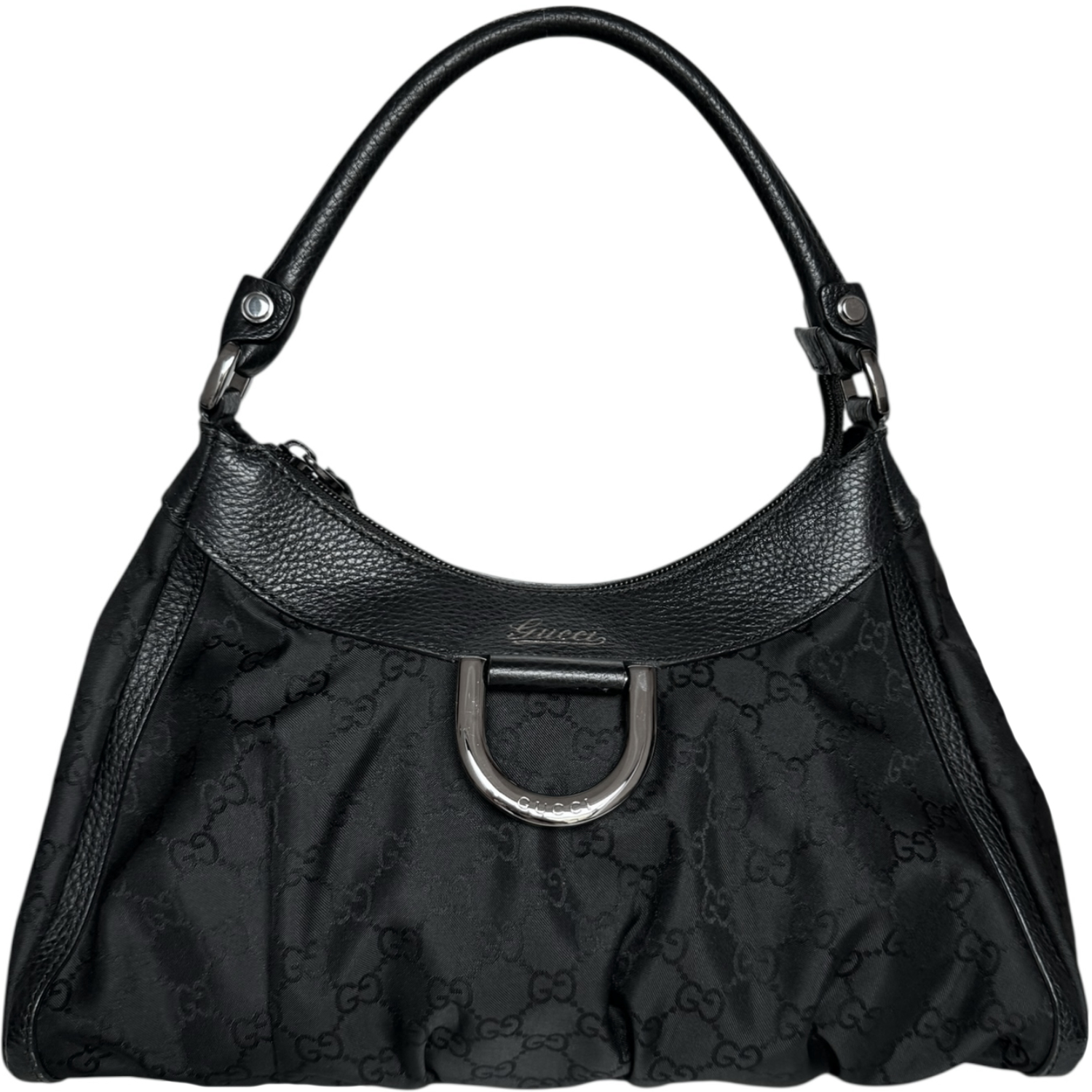 Vintage Gucci Monogram Nylon D Ring Hobo Shoulder Bag in Black / Silver | NITRYL