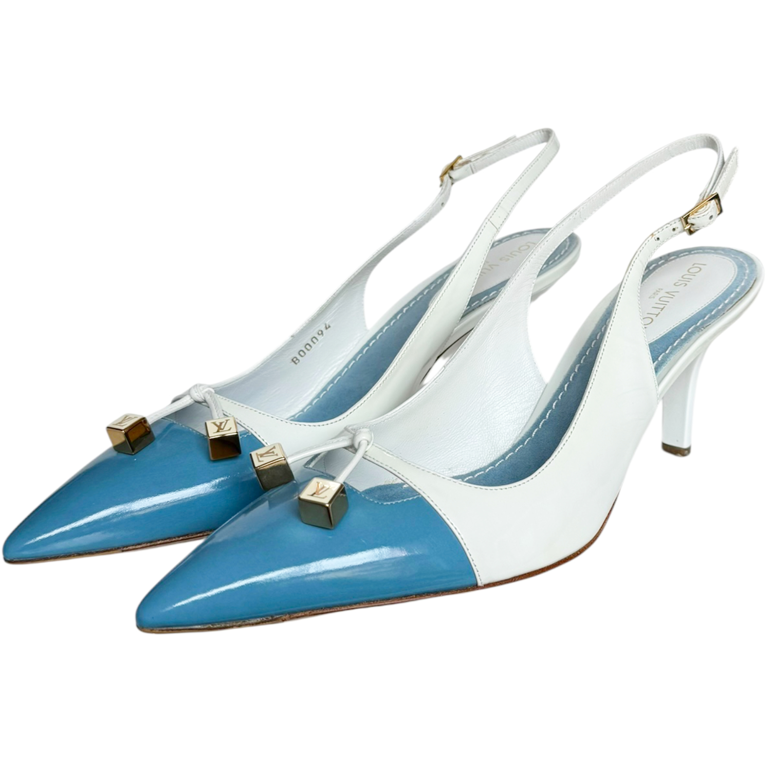 Vintage Louis Vuitton Logo Patent Slingback Heels in Blue / White / Gold UK 5.5 | NITRYL