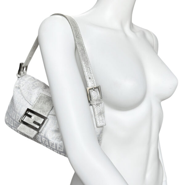 Fendi Monogram Metallic Shoulder Baguette Bag in Silver - Image 10