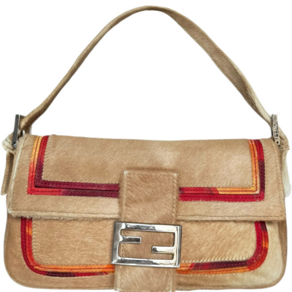 Vintage Fendi Calfskin Multicolour Trim Shoulder Baguette Bag in Beige / Orange - Red / Silver | NITRYL