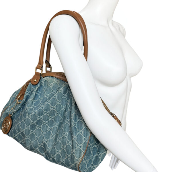 Gucci Monogram Denim 2 - Way Hobo Shoulder Bag in Blue / Tan / Gold - Image 10