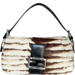 Vintage Fendi Striped Calfskin Shoulder Baguette Bag in White - Cream / Brown / Black | NITRYL