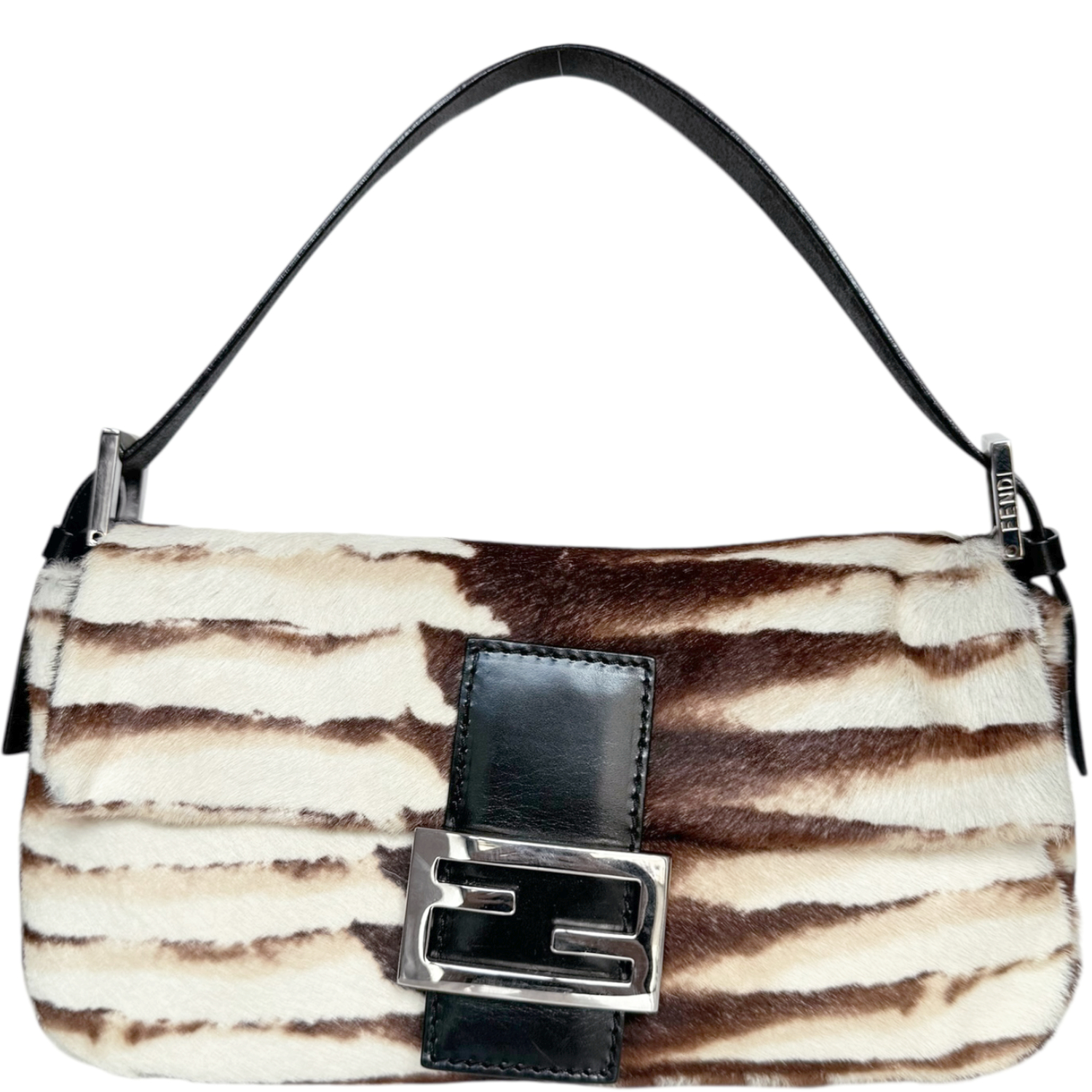 Vintage Fendi Striped Calfskin Shoulder Baguette Bag in White - Cream / Brown / Black | NITRYL