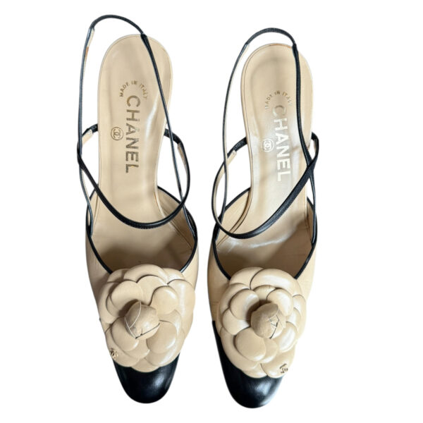 Chanel Camellia Logo Slingback Heels in Beige / Black UK 4 - Image 4